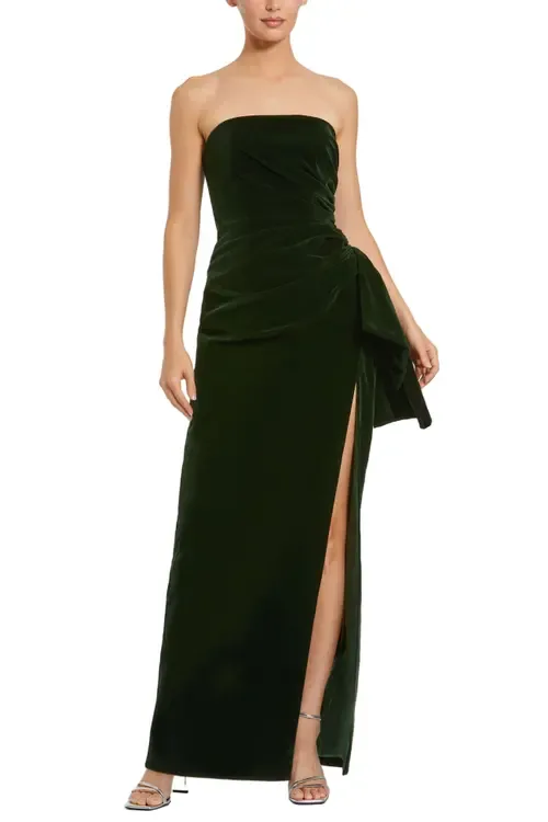 Strapless High Slit Draped Velvet Gown by Mac Duggal