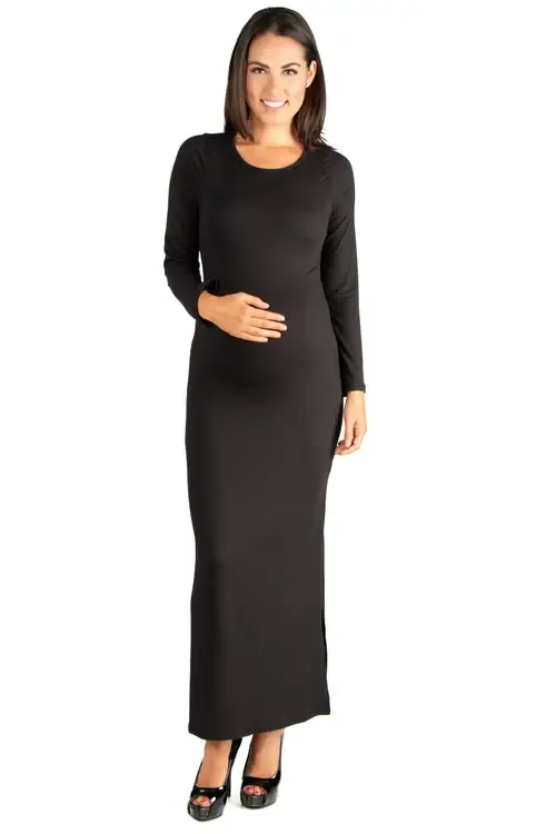 Long Sleeve Side Slit Fitted Maternity Maxi Dress by 24seven Comfort Apparel