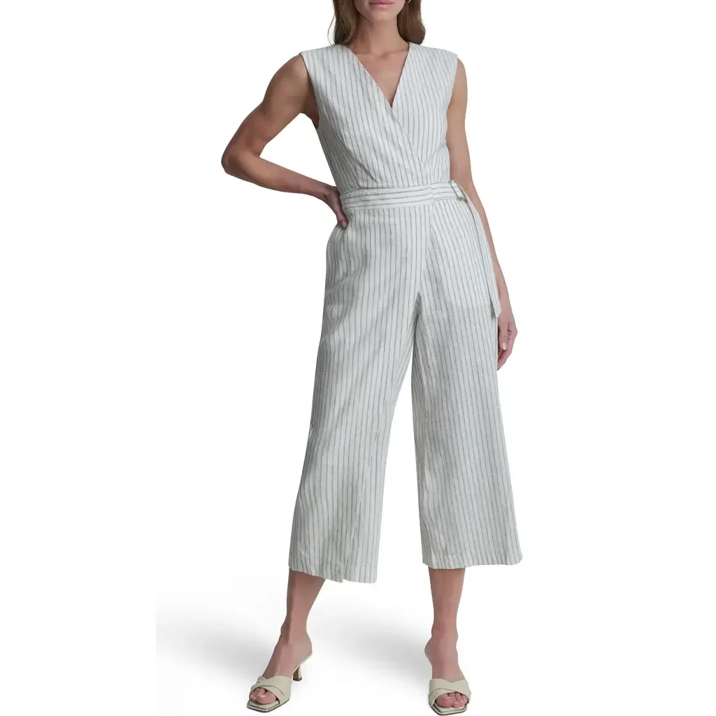Stripe Linen Blend Crop Jumpsuit