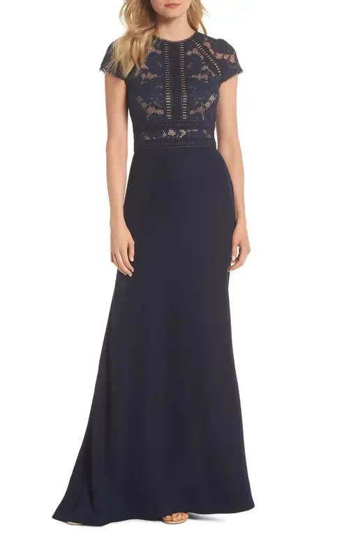 Lace & Crepe A-Line Gown by Tadashi Shoji