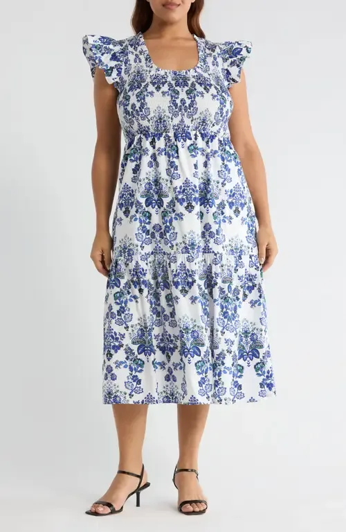 Viara Floral Giza Smocked Cotton Midi Dress
