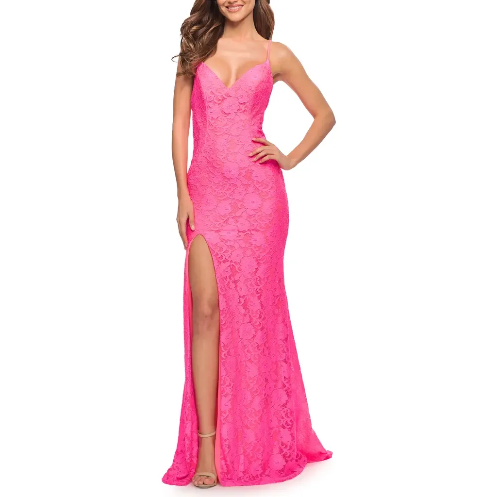 Gorgeous Neon Pink Tulle and Lace Mermaid Gown by La Femme