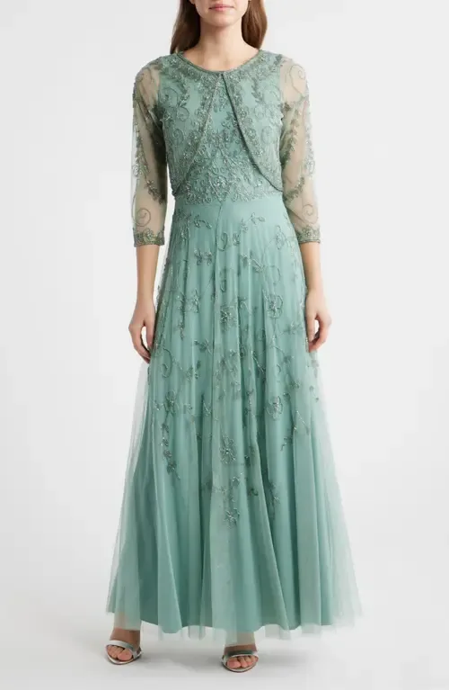 Beaded Mesh Gown with Jacket by Pisarro Nights