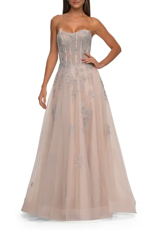 Tulle A-Line Prom Dress with Gorgeous Rhinestone Lace Applique by La Femme