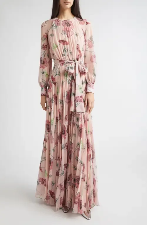Floral Long Sleeve Pleatable Voile Gown