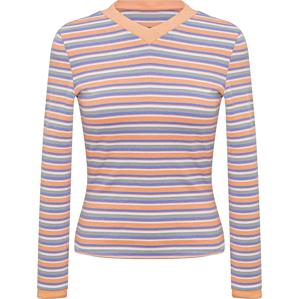 Striped V-Neck Contrast Long Sleeve Tee by Positive