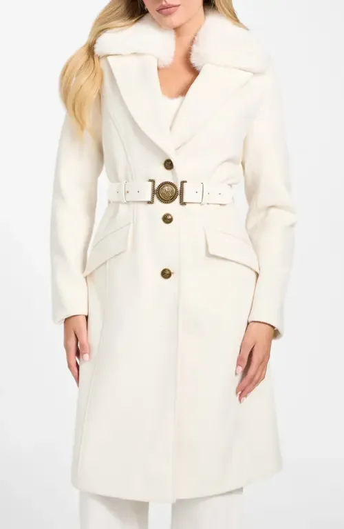 Patrice Belted Coat with Removable Faux Fur Collar by GUESS