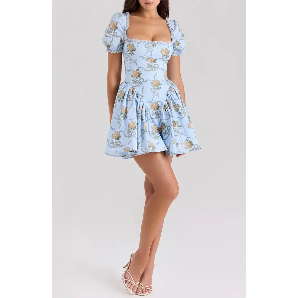 Rosie Puff Sleeve Stretch Cotton Mini Sundress by HOUSE OF CB