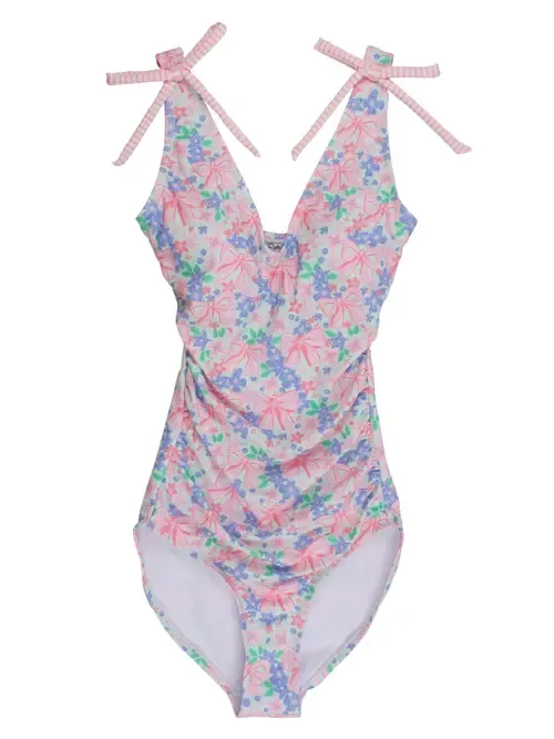 UPF50+ Bow V-Neck One Piece Swimsuit by RuffleButts