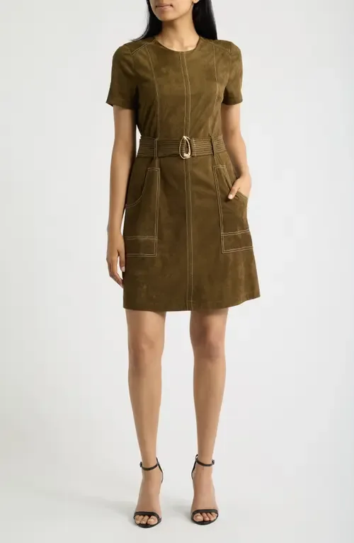 Topstitch Detail Faux Suede Dress by Tahari