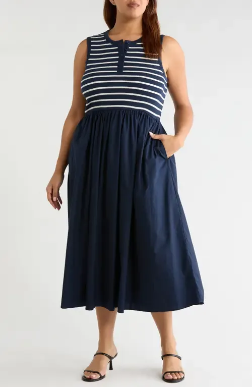 Mixed Media Henley Midi Dress