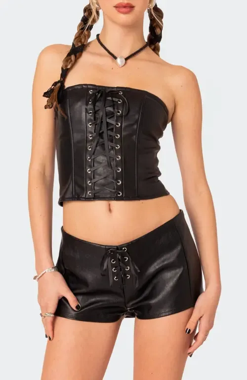 Wilde Faux Leather Lace-Up Strapless Corset Top by EDIKTED