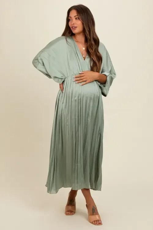 Satin Pleated V-Neck Maxi Dress by PinkBlush