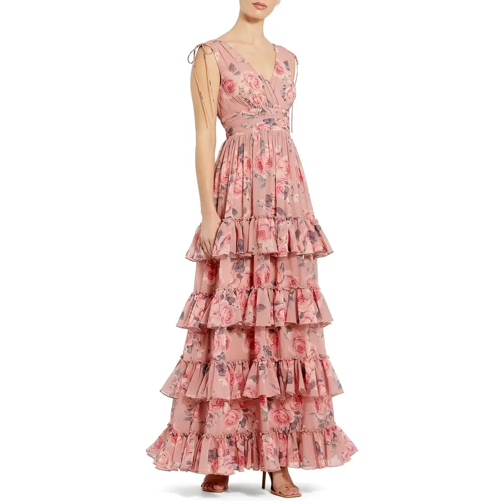 Drawstring Shoulder Floral Chiffon Tiered Gown by Mac Duggal