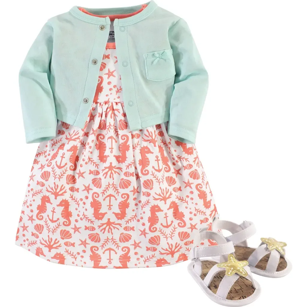 Cotton Dress, Cardigan and Shoe Set by Hudson Baby