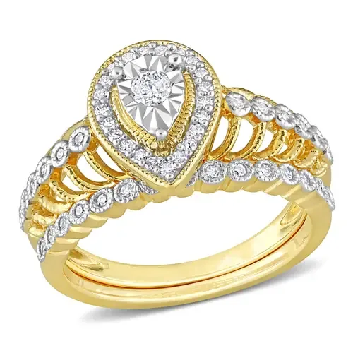 Diamond Halo Teardrop Bridal Ring Set in Yellow-Plated Sterling Silver by Julianna B.
