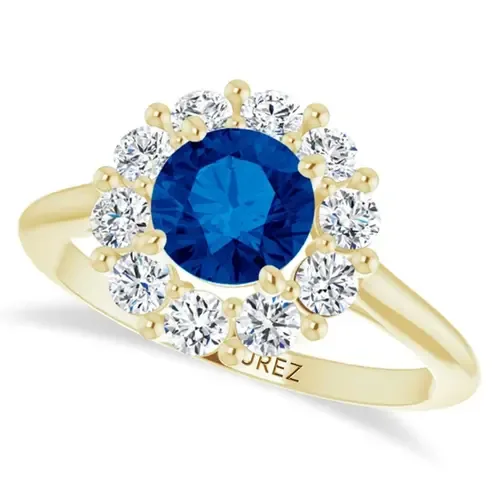 Round Lab Blue Sapphire & Diamond Halo Ring 14K by ALLUREZ