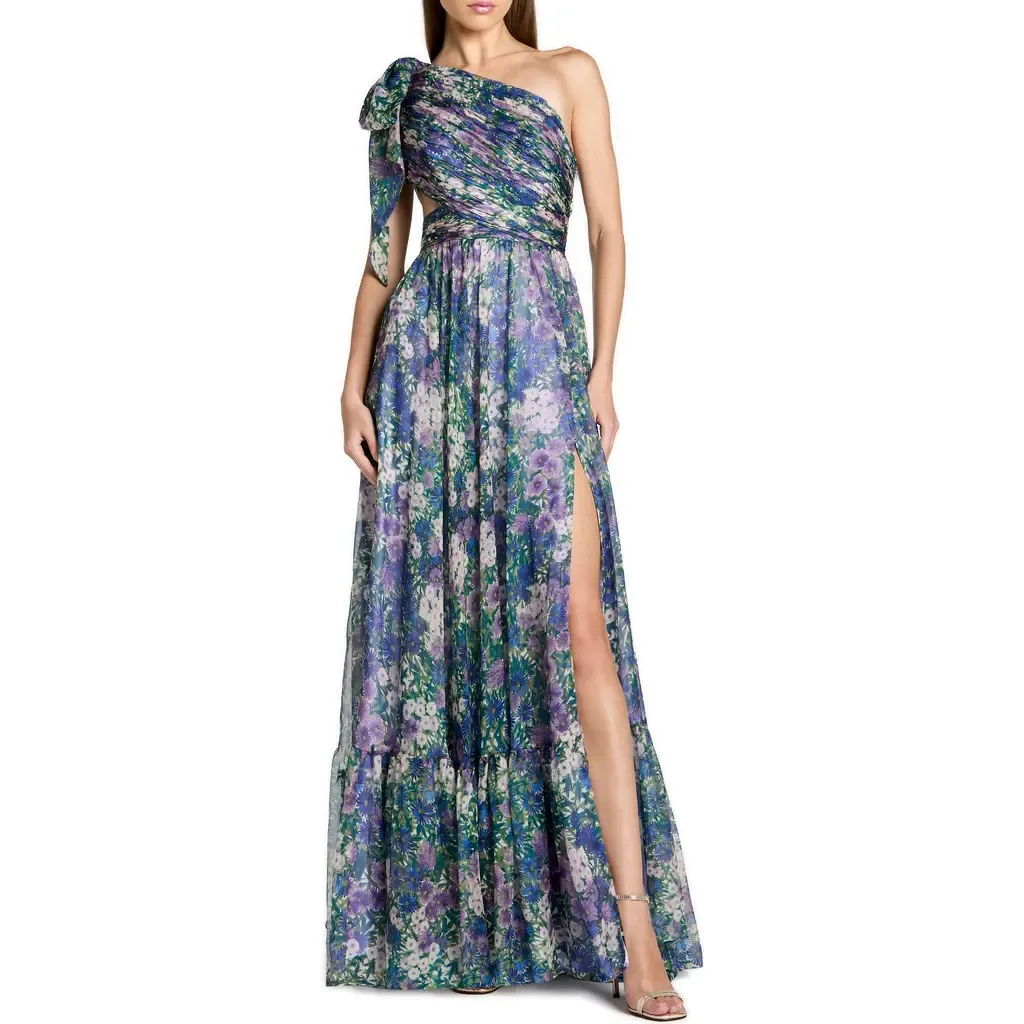 One Shoulder Floral Printed Chiffon Side Cut Out Gown