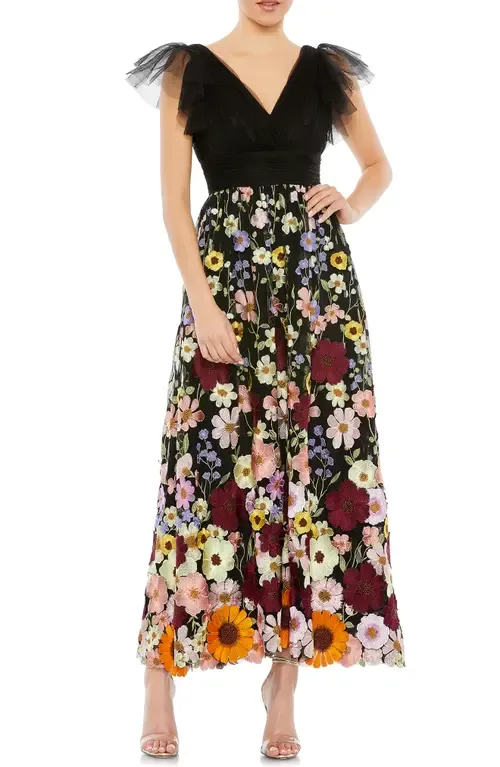 Embroidered Ruched Flutter Sleeve a Line Dress by Mac Duggal