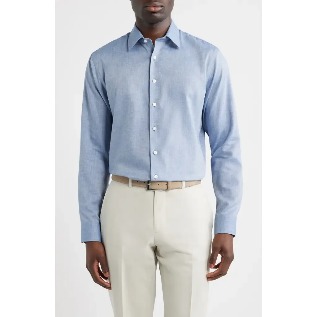 Trim Fit Premium Linen Blend Herringbone Dress Shirt by Nordstrom