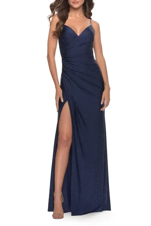 Lace Applique Sheer Back Rhinestone Jersey Dress by La Femme