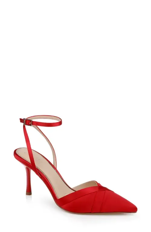 Parklyn Ankle Strap Pointed Toe Pump in Red Satin by Jewel Badgley Mischka