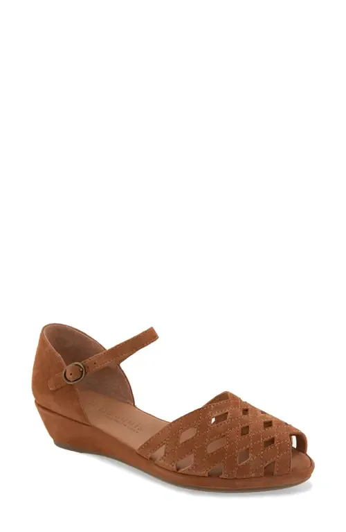 Loren Ankle Strap Peep Toe Wedge Sandal in Luggage Suede by Gentle Souls