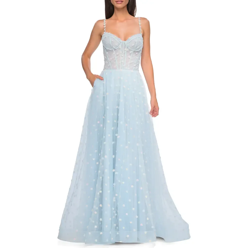 Polka Dot Tulle Prom Dress with Sheer Corset Top by La Femme