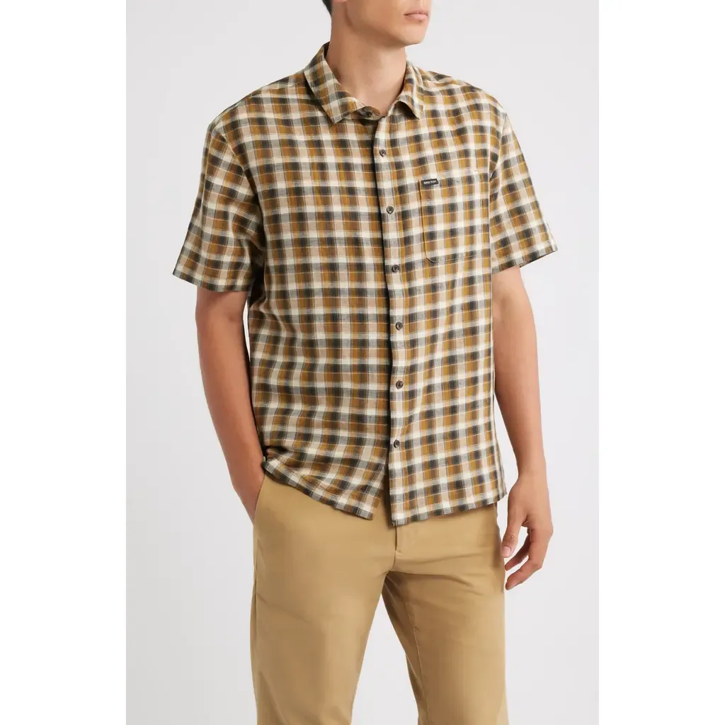 Cru Plaid Linen Blend Short Sleeve Shirt by Brixton