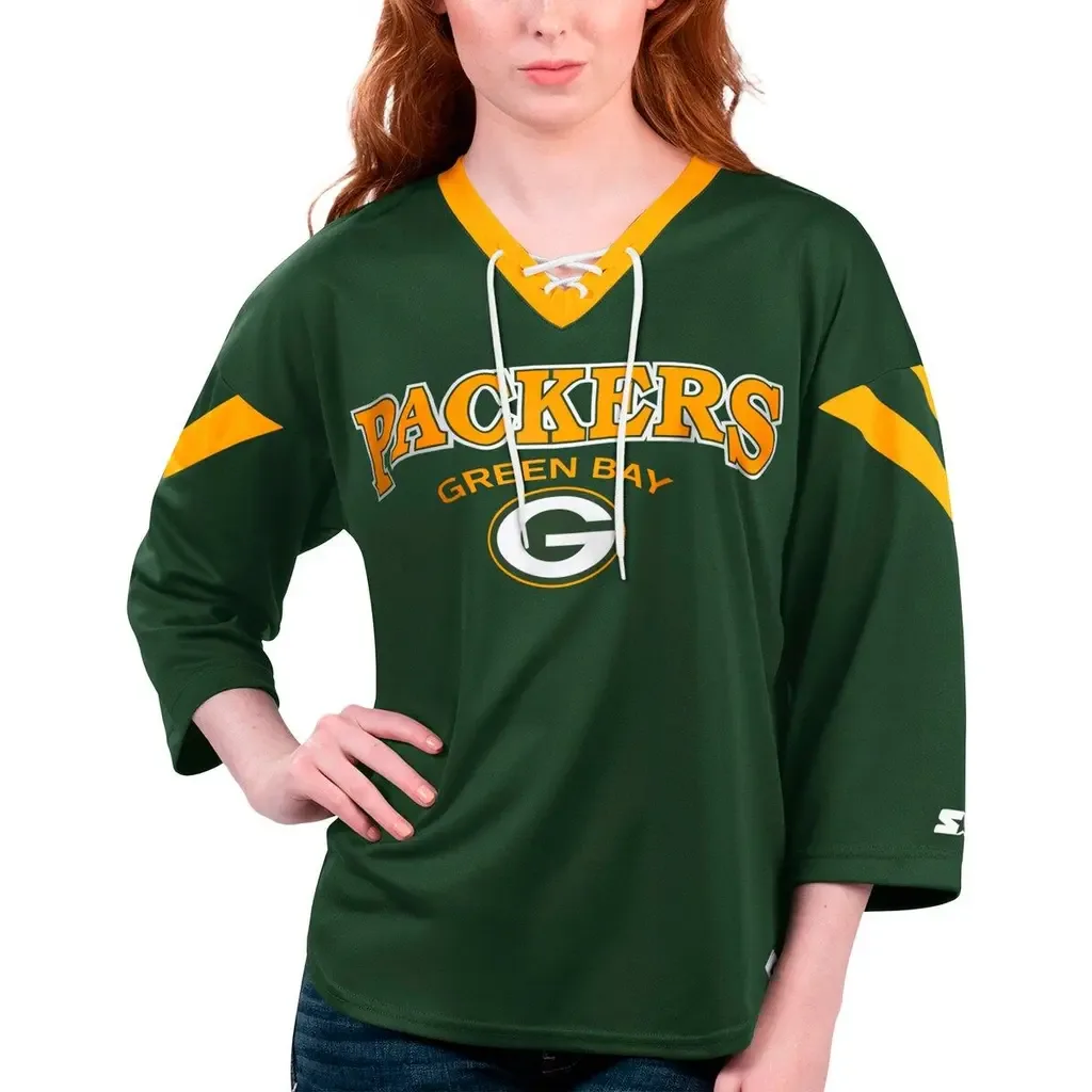 Starter Green Bay Packers Rally Lace-Up 3/4 Sleeve T-Shirt by STARTER