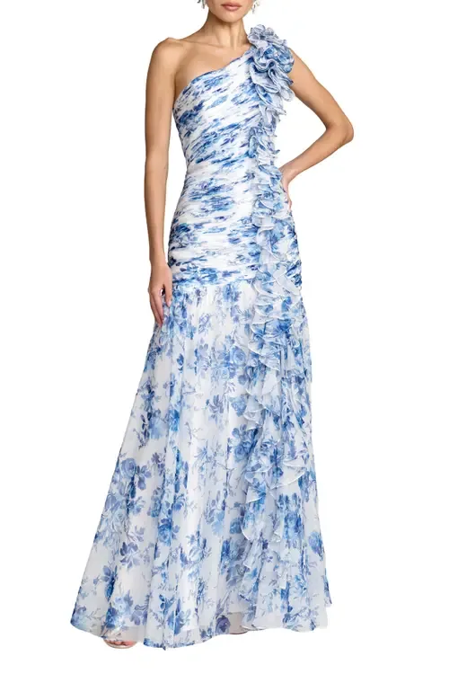Printed Chiffon One Shoulder Ruched Ruffle Gown by Mac Duggal