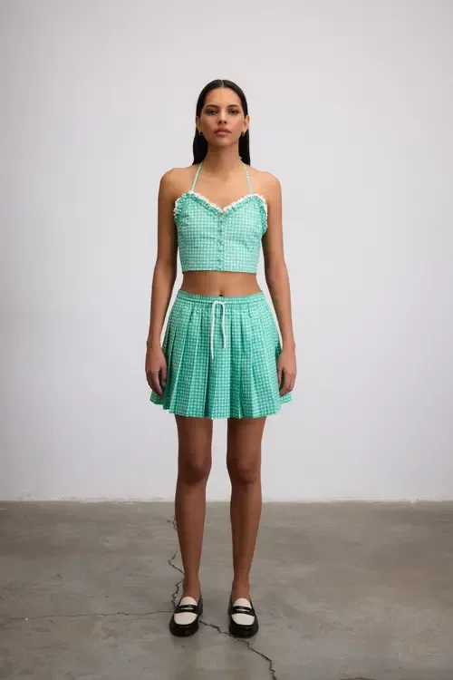 Sweetheart Gingham Crop Bustier Top with Lace Trim by Je Te Veux