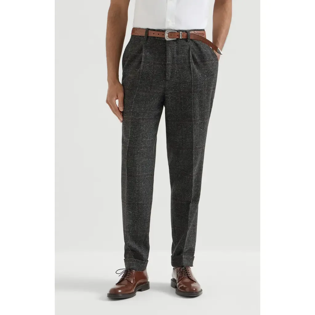 Silk, Wool and Cashmere Prince of Wales Flannel Trousers with Pleat