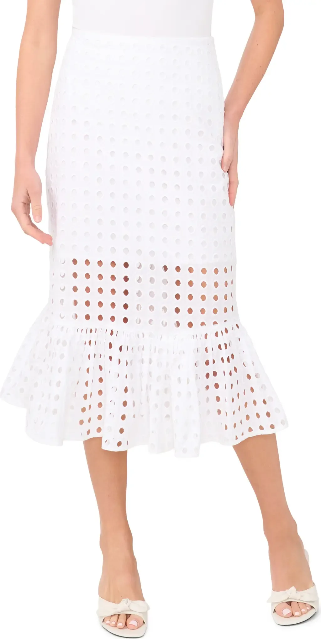 Eyelet Ruffle Hem Cotton Midi Skirt