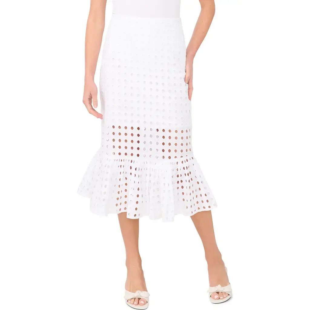 Eyelet Ruffle Hem Cotton Midi Skirt by CeCe