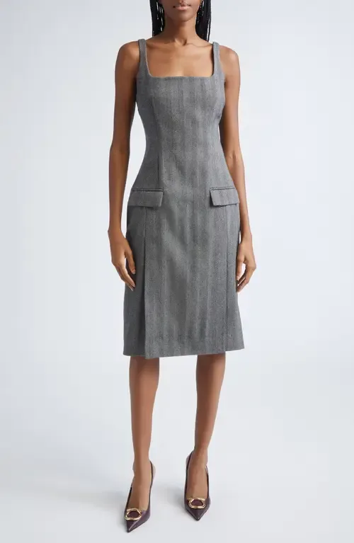 Sleeveless Herringbone Virgin Wool Blend Dress