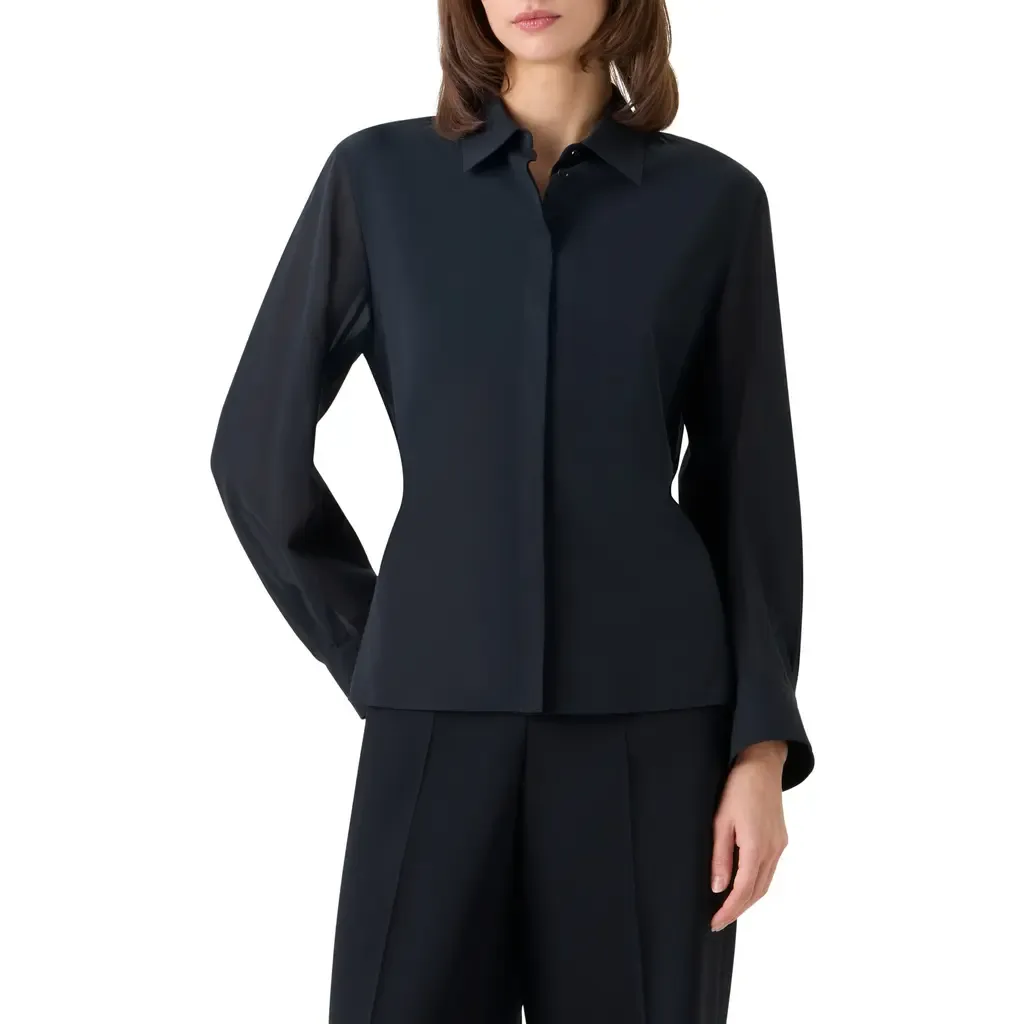 Drawstring Cotton Voile Button-Up Shirt by Akris
