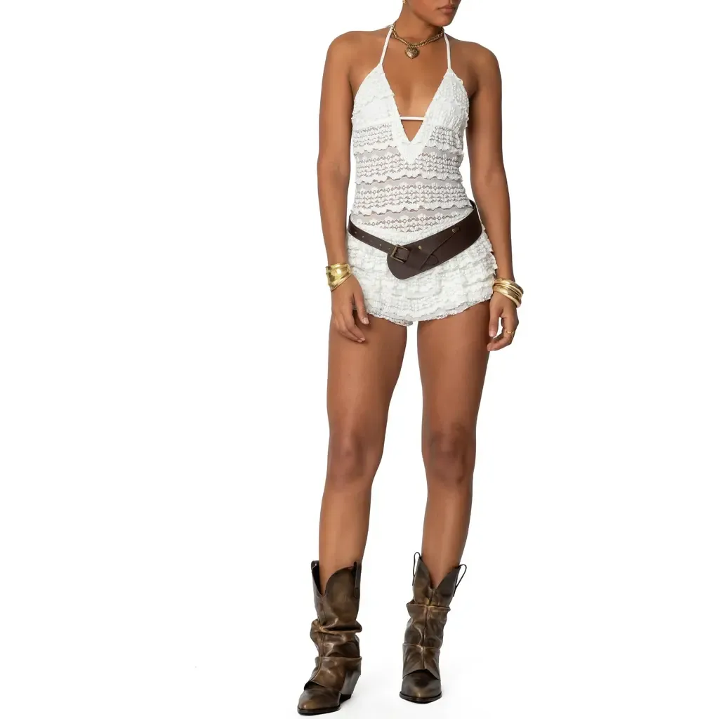 Lanney Ruffle Lace Romper by EDIKTED