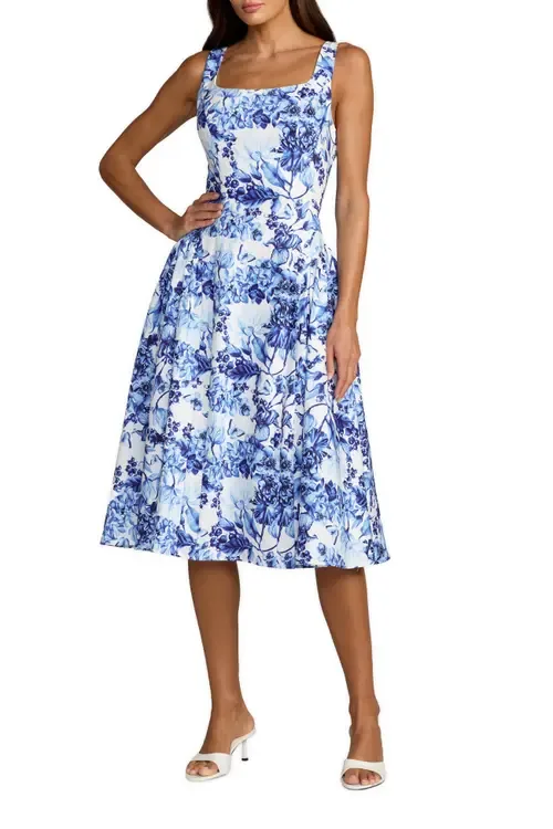 Crepe Floral Square Neck Sleeveless Midi Dress by Mac Duggal