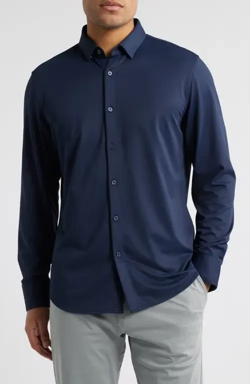 Halyard Trim Fit Solid Textured Knit Button-Up Shirt by Mizzen+Main