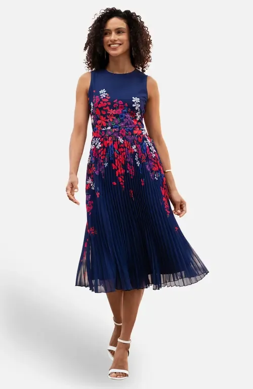 Printed Pleated Midi Dress by Yumi