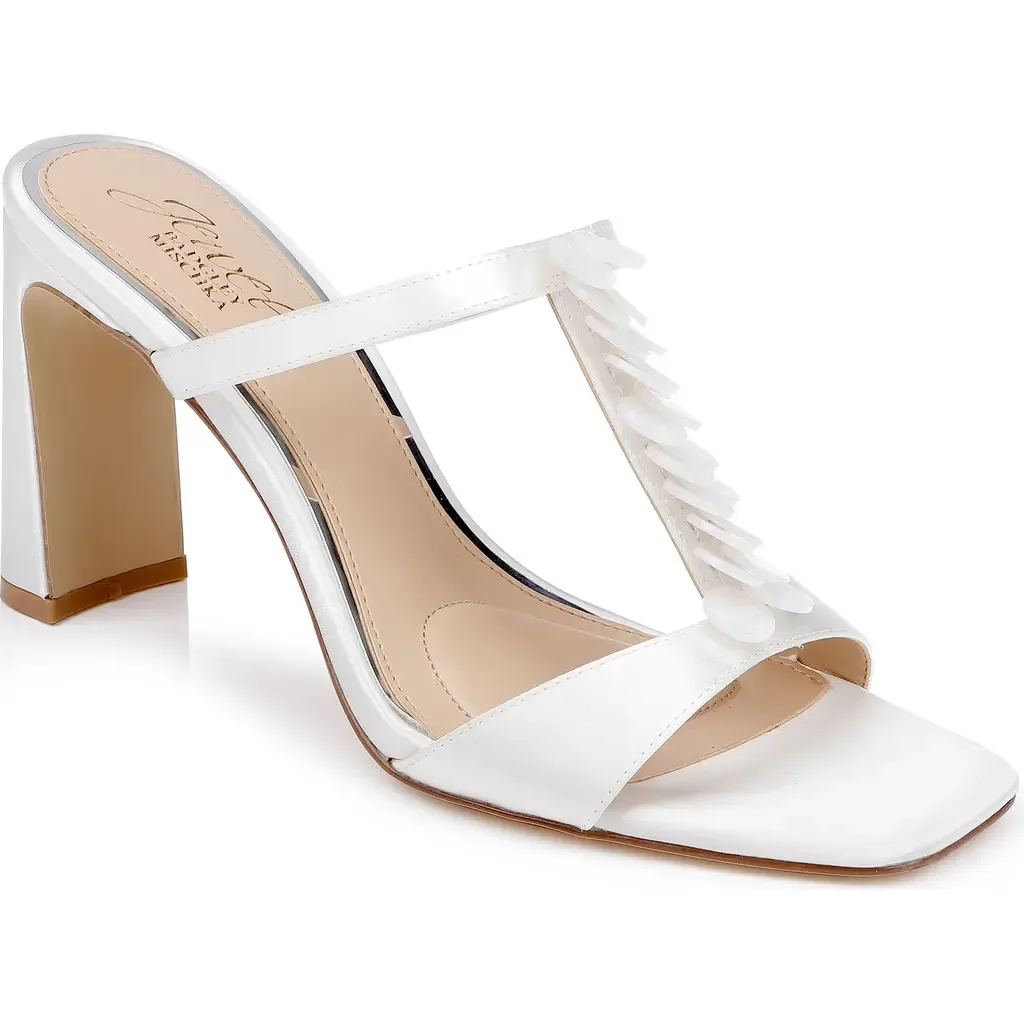 Pacifica Block Heel Sandal in Ivory Satin by Jewel Badgley Mischka