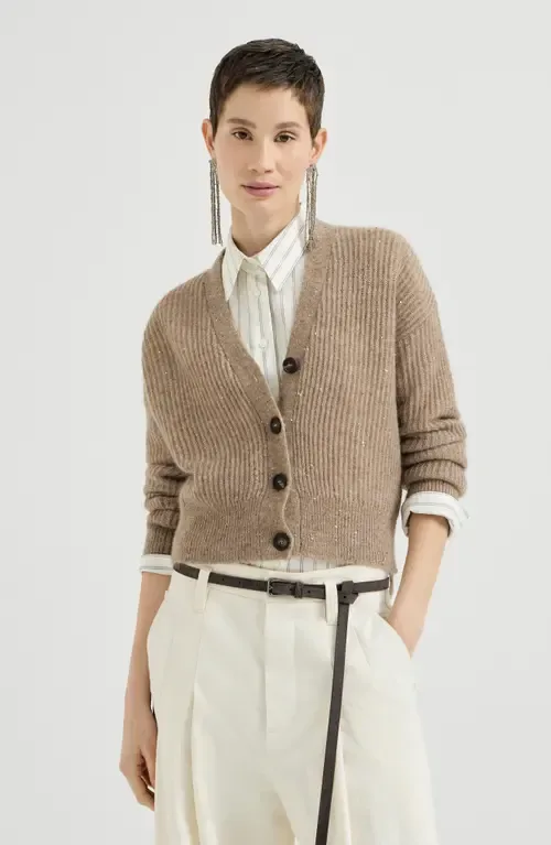 Mohair, Cotton and Wool Diamond Yarn English Rib Cardigan by Brunello Cucinelli