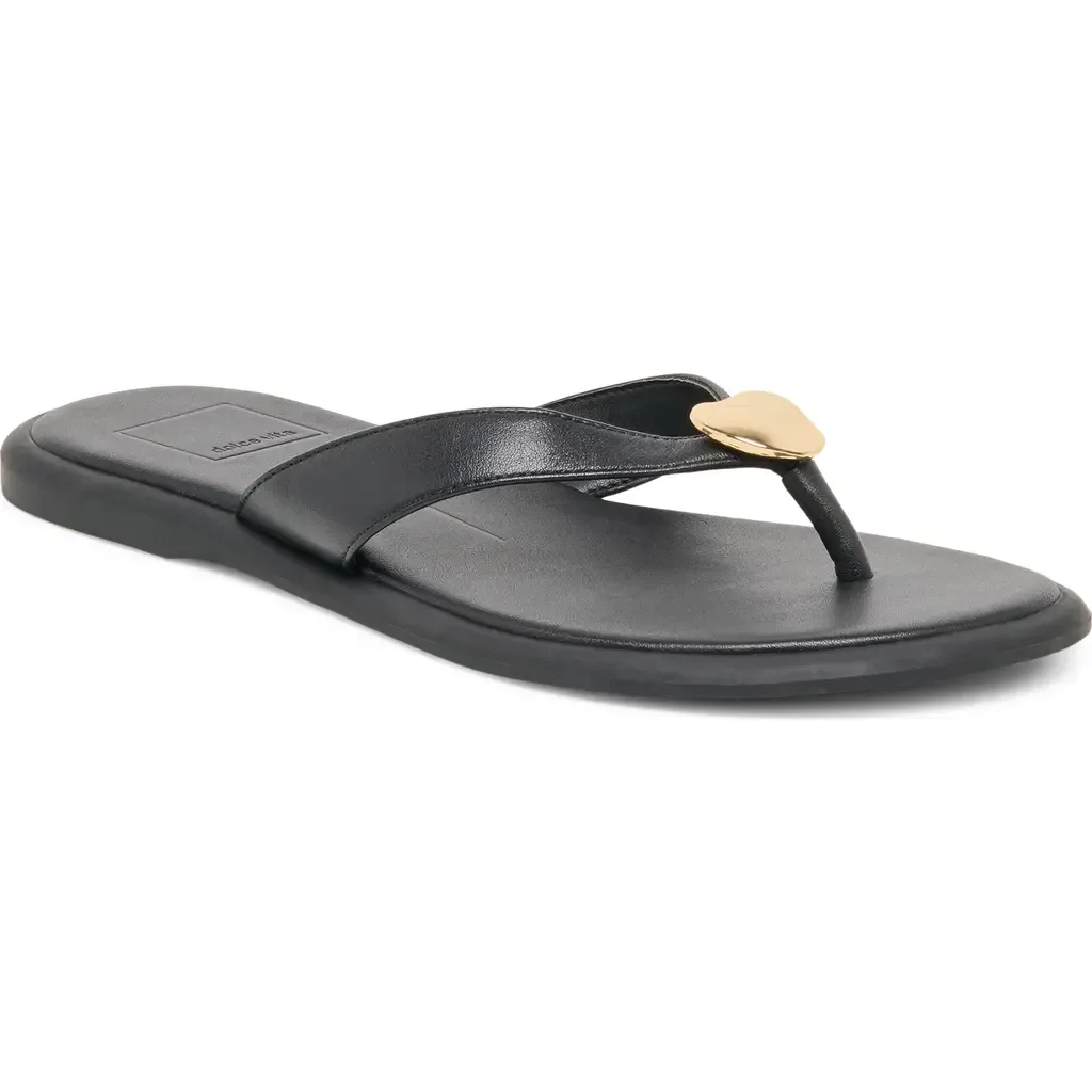 Jaina Embellished Flip Flop in Black Leather by Dolce Vita