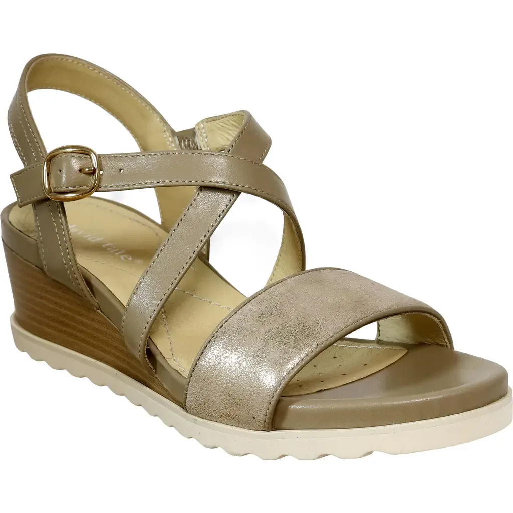 Kinsley Ankle Strap Wedge Sandal in Taupe Suede by David Tate