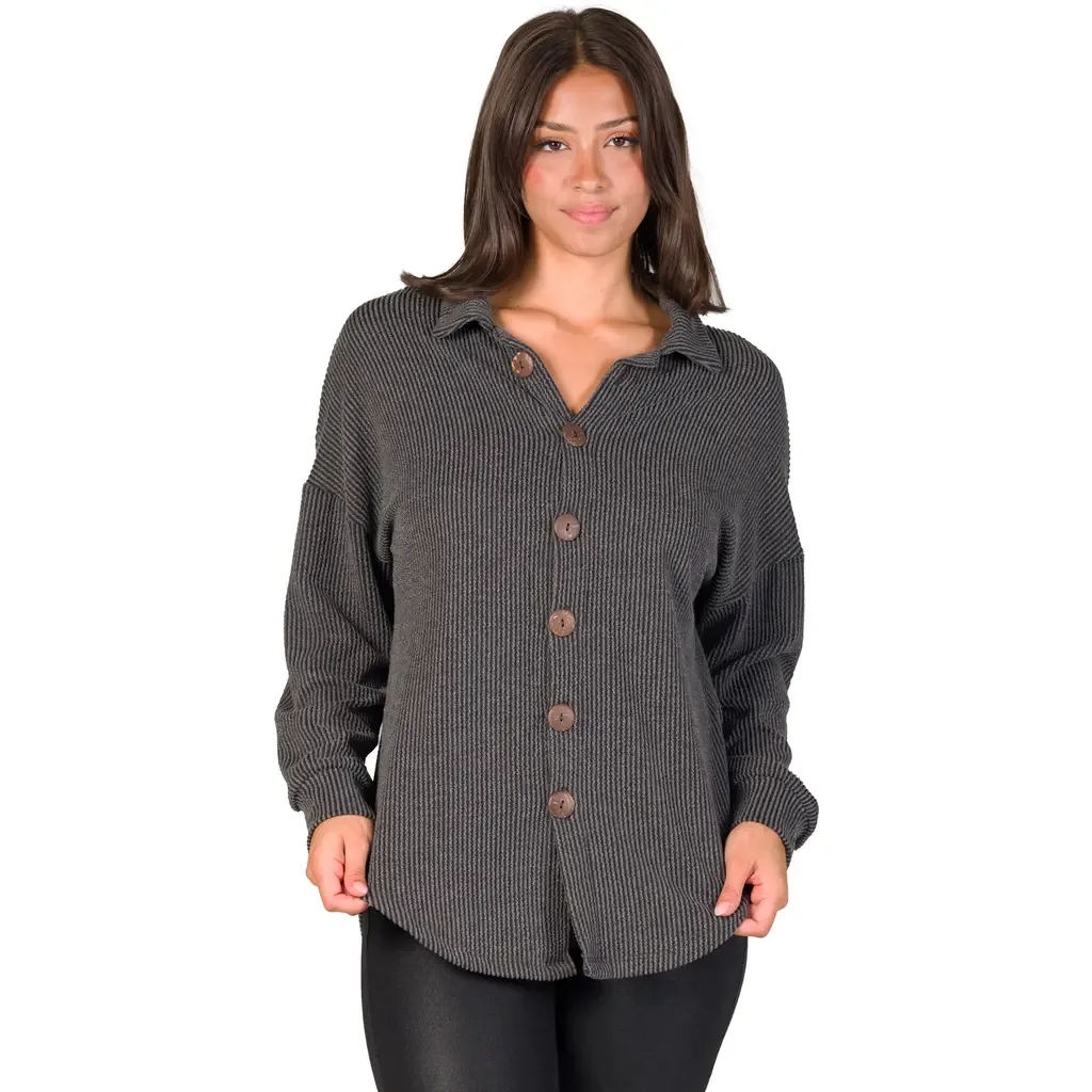 Ribbed Button Up Long Sleeve Collared Shirt Jacket by 24seven Comfort Apparel