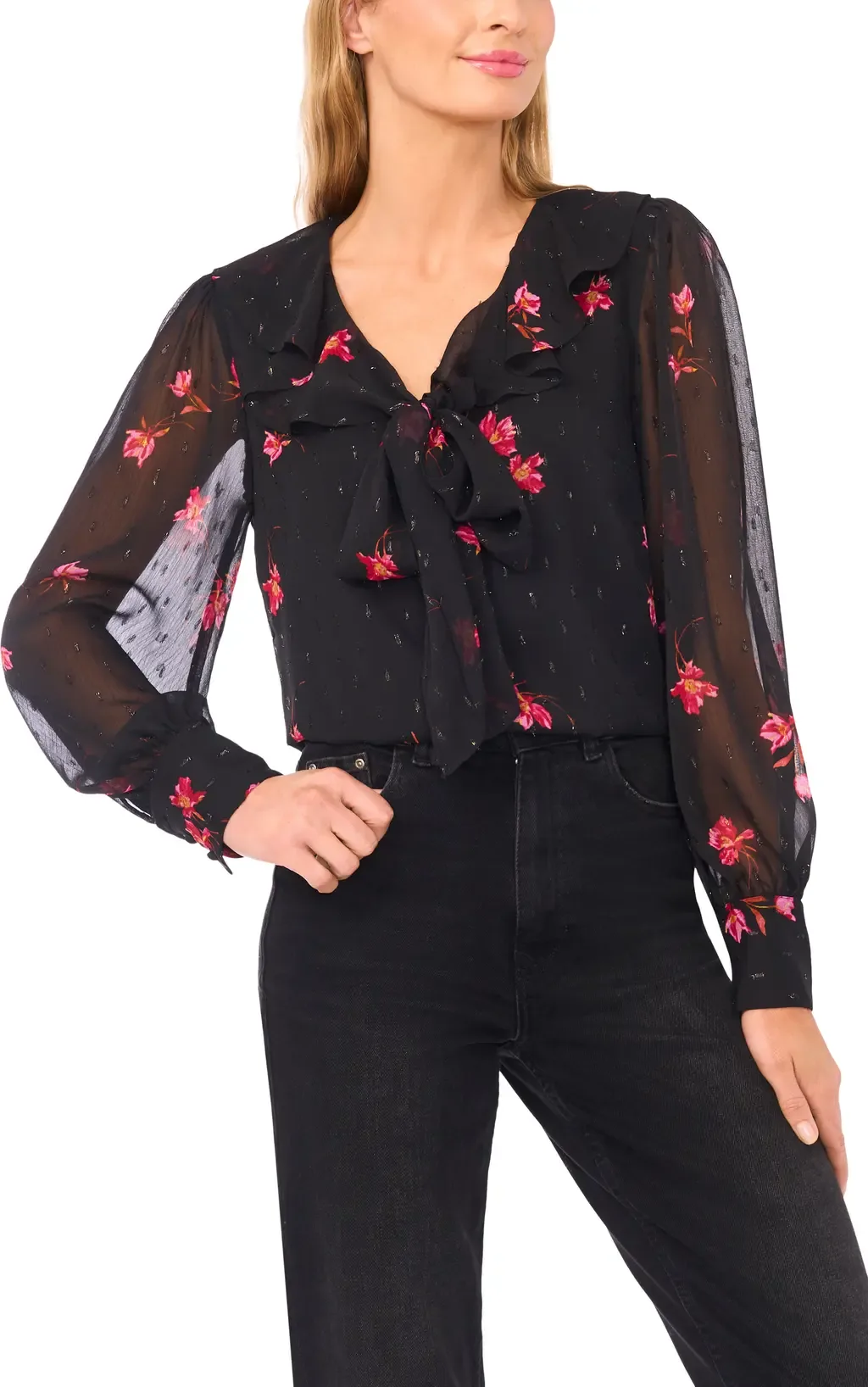 Flora Metallic Tie Neck Top