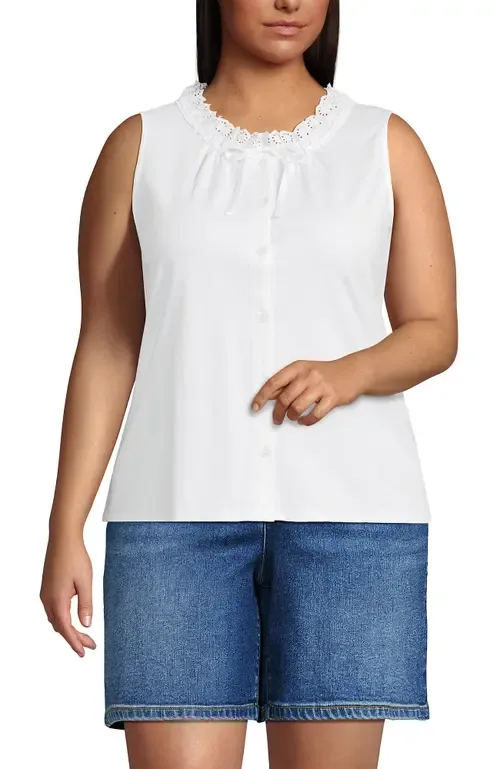 Lightweight Jersey Button Front Lace Trim Tank by Lands' End