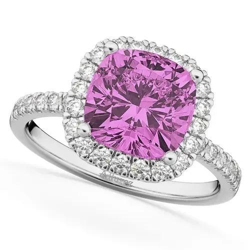 Cushion Halo Lab Pink Sapphire & Lab Diamond Ring 14K by ALLUREZ