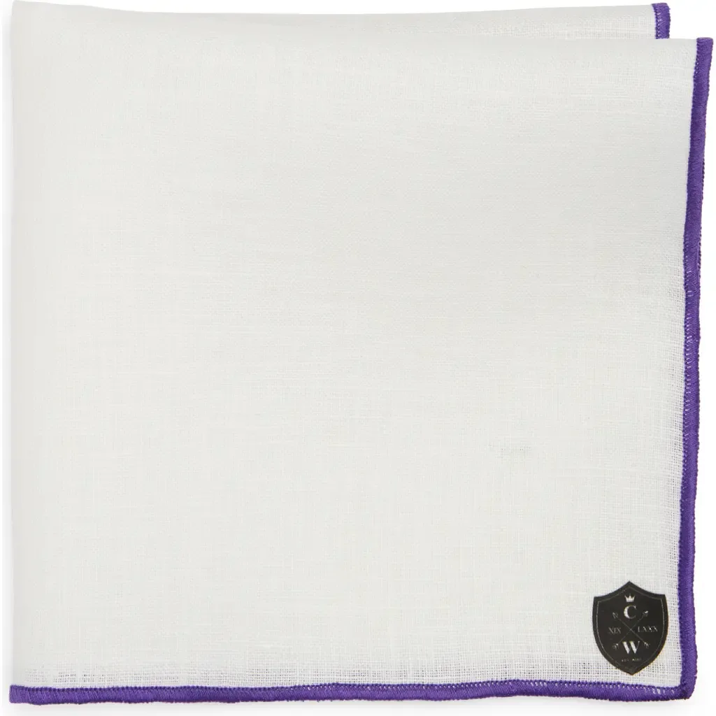 White Linen Pocket Square with Purple Trim by CLIFTON WILSON